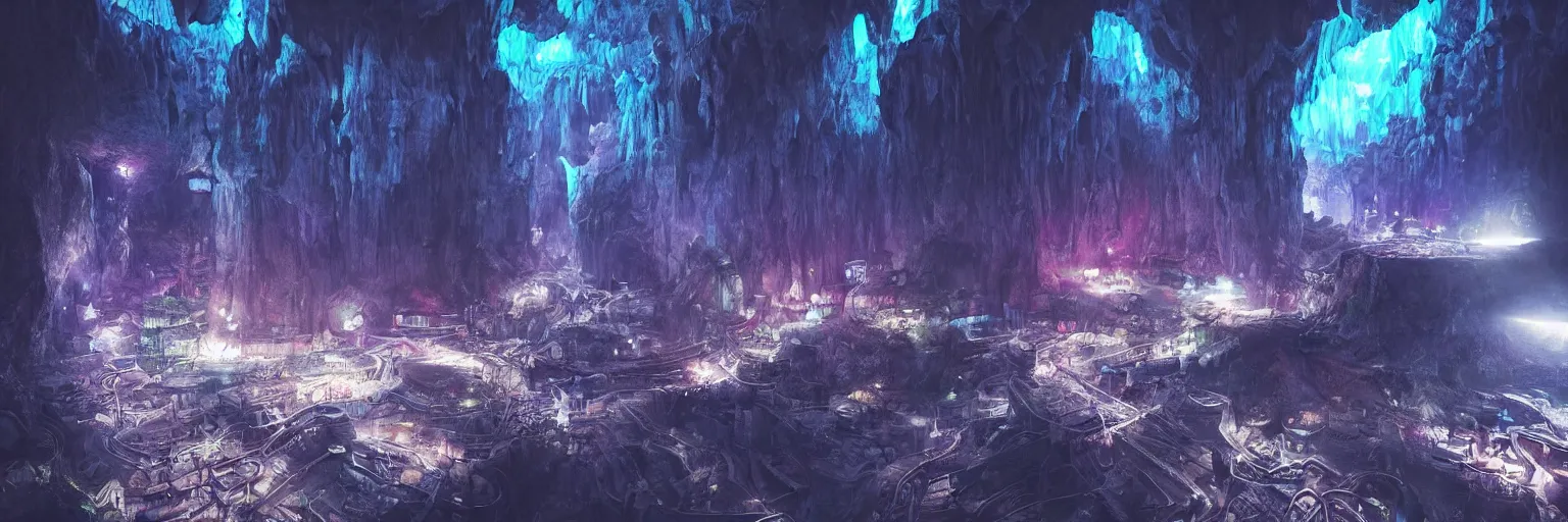 Image similar to “underground dark fantasy megapolis in a giant cave, bioluminescent mushrooms, magic crystals, Artstation HQ, photorealistic, hiperrealistic, 4k UHD, Unreal Engine 5, cinematic shot, cinematic lightning, dark tones, high contrast, masterpiece”