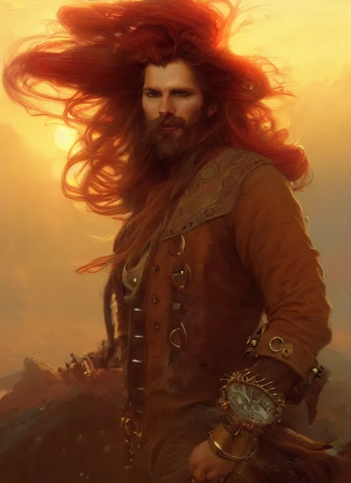 Prompt: portrait painting of a handsome rugged long hair crimson hair male pirate, soft hair steampunk ornate zeppelin in the sky sunset golden hour art by greg rutkowski gaston bussiere fantasy soft hair trending on artstation deviantart book cover art concept art key art dramatic volumetric lighting, 4 k, award winning