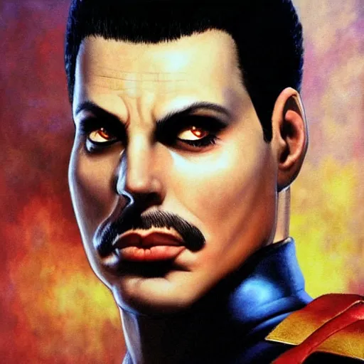 Prompt: ultra realistic freddy mercury as ryu from street fighter, painting by frank frazetta, 4 k, ultra realistic, highly detailed,