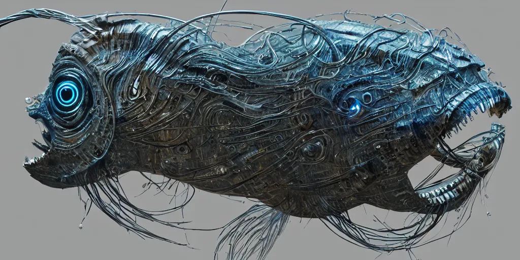 Image similar to angler fish sculpture, stylized layered shapes, long flowing fins, bioluminescent orbs, diffuse lighting, glowing eye, intricate, elegant, highly detailed, lifelike, photorealistic, digital painting, artstation, smooth, sharp focus, art by h r giger