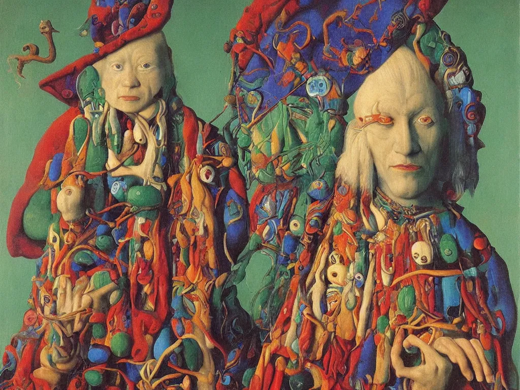 Image similar to Portrait of albino mystic with blue eyes, in psychedelic trance, with totemic archaic mask made from Malachite. Painting by Jan van Eyck, Audubon, Rene Magritte, Agnes Pelton, Max Ernst, Walton Ford