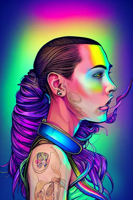 Image similar to a award winning half body portrait of a beautiful woman with stunning eyes in a printed croptop and cargo pants with rainbow colored ombre hairstyle head in motion and hair flying by josan gonzales, outrun, vaporware, shaded flat illustration, digital art, trending on artstation, highly detailed, fine detail, intricate