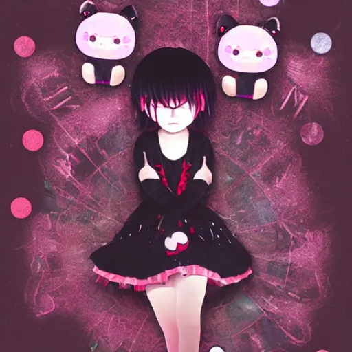 Prompt: photo of a emo manic pixie dream girl, 8k, portrait | sanrio glitchcore yokai girl, shadowverse character concept, found footage horror, glitter gif