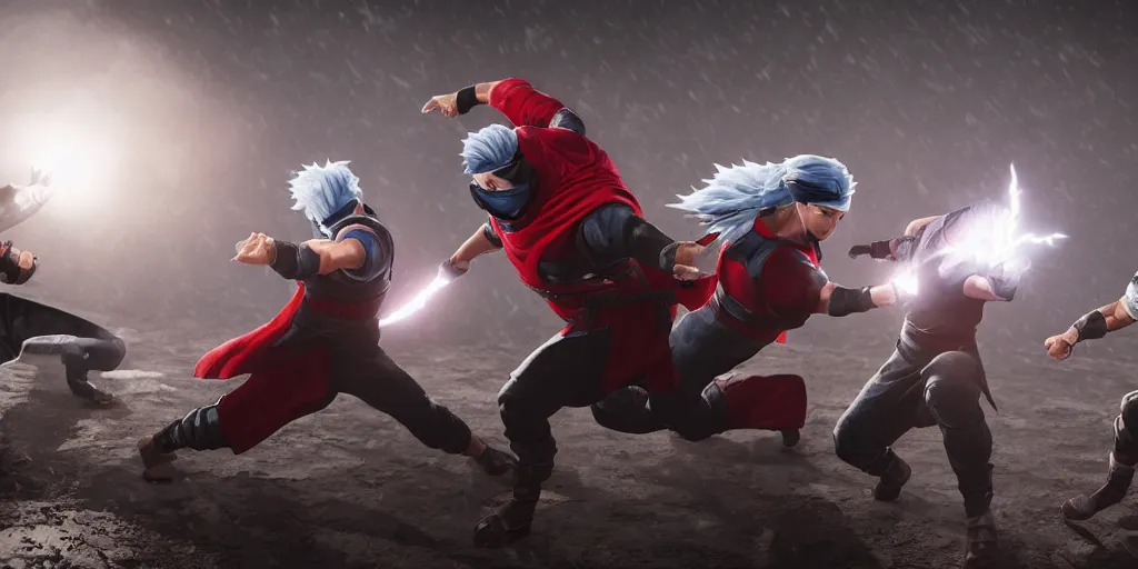 Prompt: kakashi with chidori and thor using lighting, fighting in mortal kombat style, unreal 5, hyperrealistic, realistic, photorealistic, dynamic lighting, highly detailed, cinematic landscape, studio landscape, studio lighting