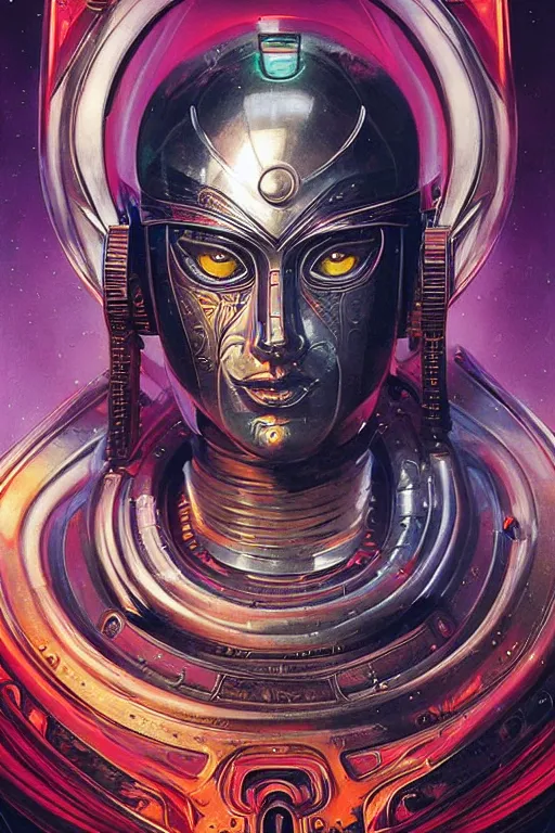 Prompt: retro-futuristic portrait of a beautiful female android wearing chrome armour, underwater, ornate background, ornate pattern, glowing eyes, evil expression, high details, intricate details, renaissance style, painting by vincent di fate, artgerm julie bell beeple, 80s, Smooth gradients, High contrast, depth of field, very coherent symmetrical artwork