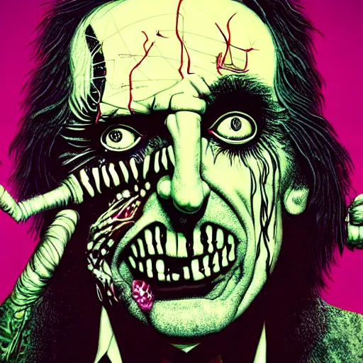 Image similar to graphic illustration, extremely creative design, alice cooper, biopunk, francis bacon, highly detailed, hunter s thompson, concept art