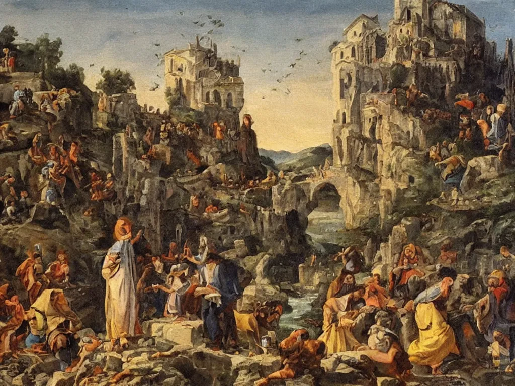 Prompt: Saint giving milk to the eels in Tuscany. Rocks, italian city ablaze. Painting by the Osservanza Master