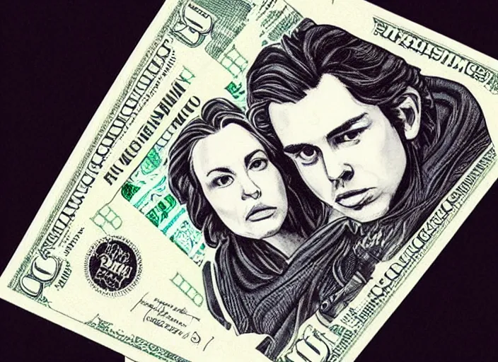 Image similar to reylo kissing dollar bill design