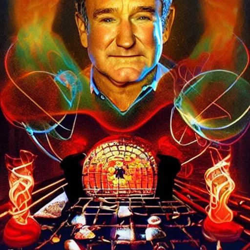 Image similar to robin williams begins the ritual, sacred symbols, red laser light contorting into sacred geometry, john candy rises out of the bbq sauce pool, desaturated, dappled gold light, holy image