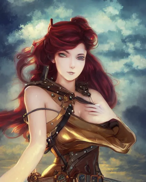 Image similar to a beautiful half body 2D illustration of a young female steampunk pirate wearing leather armor on gold and red trimmings on green, by Charlie Bowater, tom bagshaw, Artgerm and Lois Van Baarle, beautiful anime face, very cool pose, pirate ship with an epic sky background, slightly smiling, cinematic anime lighting and composition, fantasy painting, very detailed, ornate, trending on artstation and pinterest, deviantart, google images