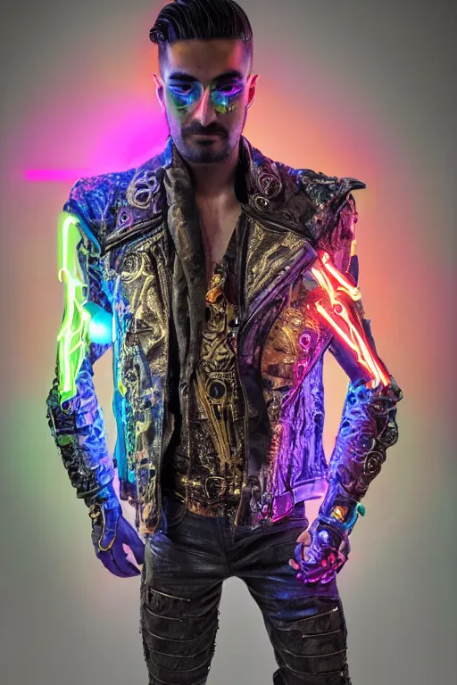 Prompt: full-body bladerunner neon baroque style sculpture of a handsome colombiano Maluma as a half cibernetic android with a chest opening exposing circuitry and electric sparks, glowing laser beam eyes, crown of giant diamonds, flowing neon-colored silk, fabric, raptors. intricate artwork by caravaggio. Trending on artstation, industrial lighting , photorealistic, octane render, 8k, depth of field, 3D