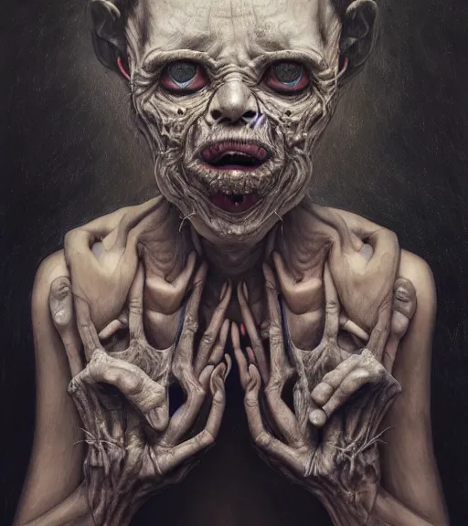 Prompt: portrait, nightmare anomalies, hands holding the face by dariusz zawadzki, kenneth blom, mental alchemy, james jean, pablo amaringo, naudline pierre, contemporary art, hyper detailed