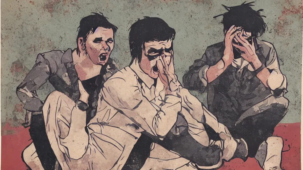 Image similar to decopunk legitimate portrait of a crying young dude 3 2 years old, with violence