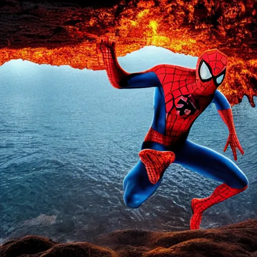 Image similar to head of the spiderman emerges from a lava lake, cave background, high detail, lava reflections, cave reflecting in the lava lake, dramatic shot