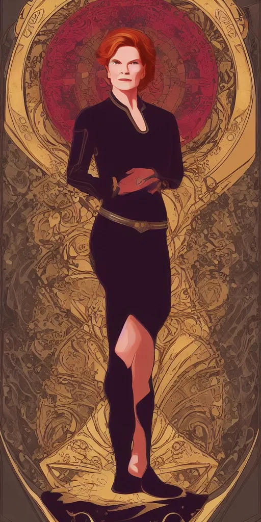 Image similar to star trek Captain Kathryn Janeway art nouveau, amazing details, intricate details ,digital art , illustration, digital painting, trending on artstation, in the style of Alphonse Mucha,