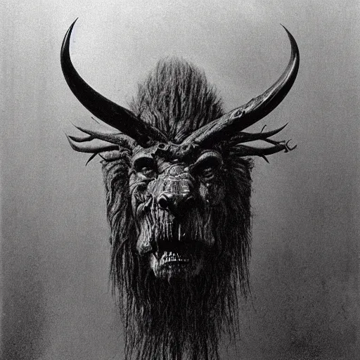 Image similar to a creature with the body and eyes of a man, with the beak of an eagle, the mane of a lion, and the horns of an ox. drawn by zdzislaw beksinski and giger, dark blue