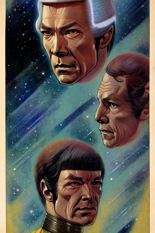 Prompt: (((((1970s star trek poster art . muted colors.))))) by Jean-Baptiste Monge !!!!!!!!!!!!!!!!!!!!!!!!!!!