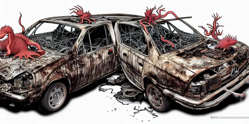 Image similar to a big woman axolotl in burning wrecked mercedes 1 2 4, ultrafine hyperdetailed illustration by kim jung gi
