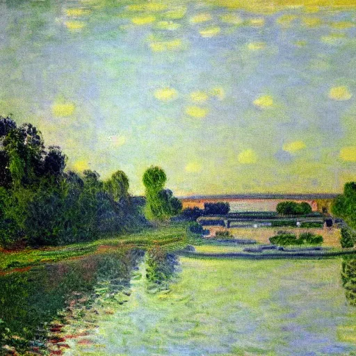 Image similar to a beautiful painting of Columbus Ohio Scioto river by Claude monet