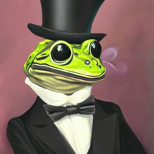 Prompt: a frog in a tuxedo with a top hat smoking a pipe, oil painting, portrait