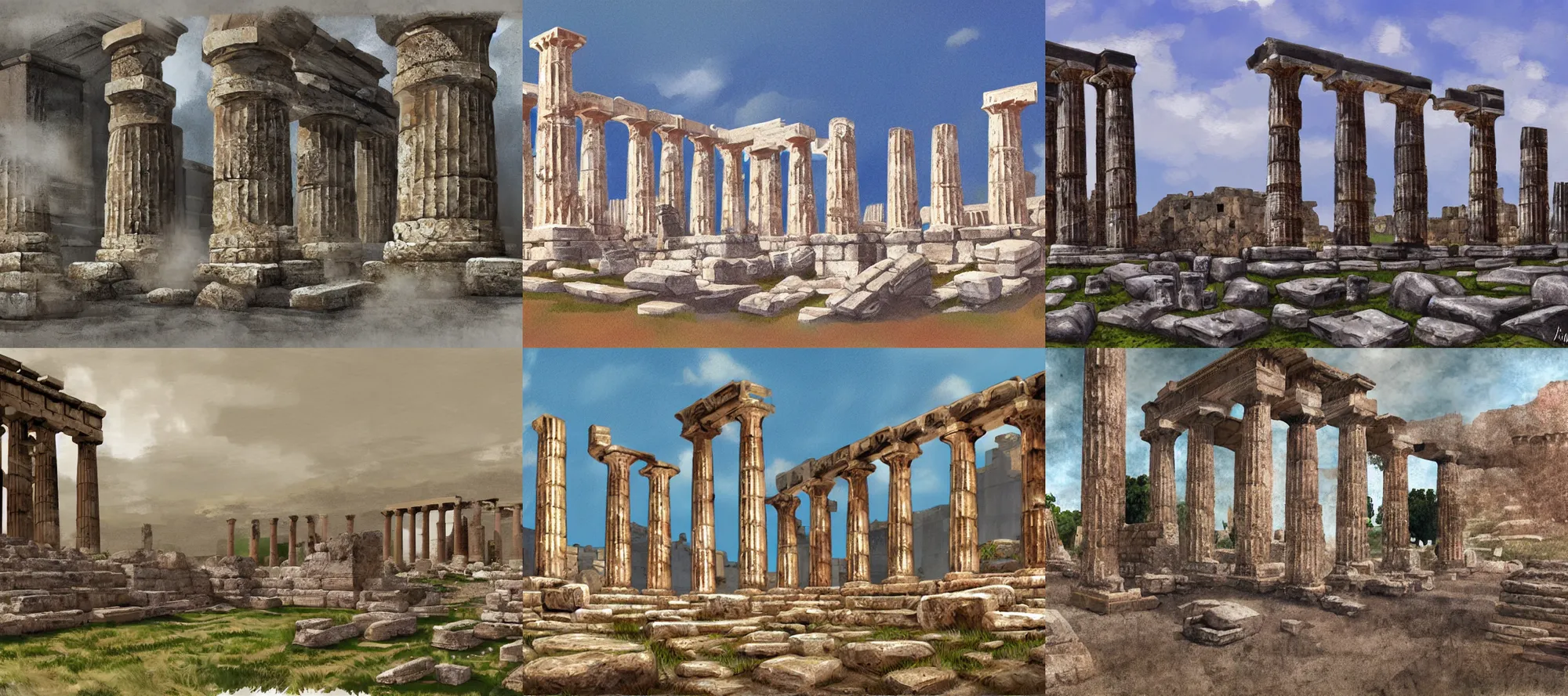Prompt: ancient greek ruins, digital painting, concept art, midday