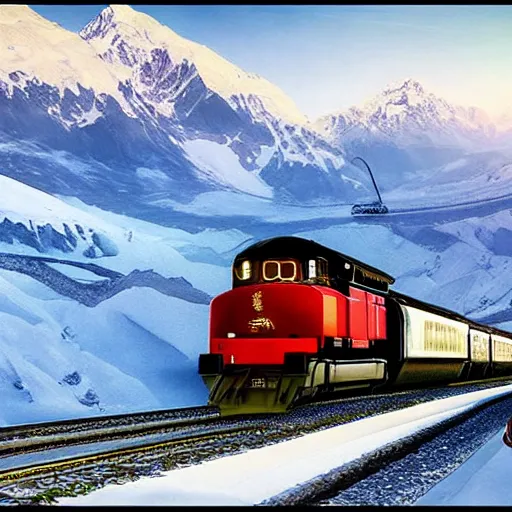 Prompt: Stunning image of The Orient Express navigating The Alps by various artists