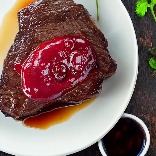 Prompt: Delicious beef steak topped with syrup and a cherry as garnish