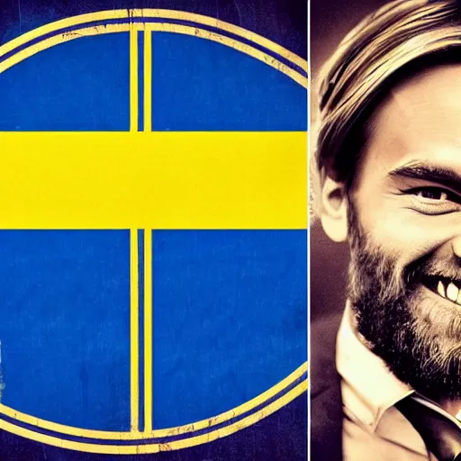 Image similar to Swedish propaganda poster of PewDiePie with the flag of Sweden in the background