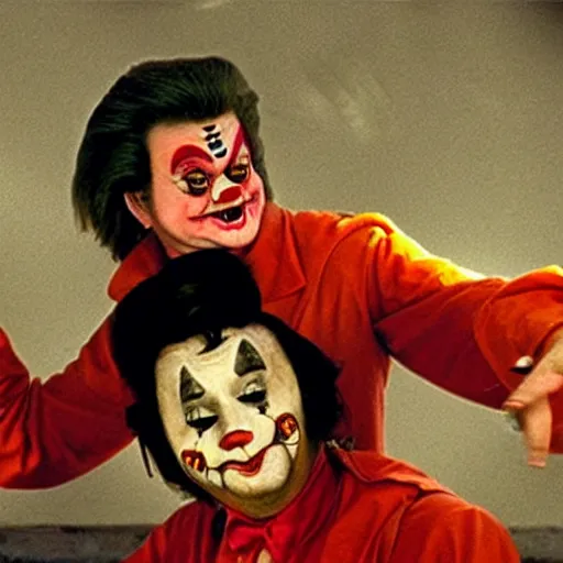 Image similar to Jack Burton throwing a knife at a tall Chinese clown, Lo Pan, cinematic still, amazing photo