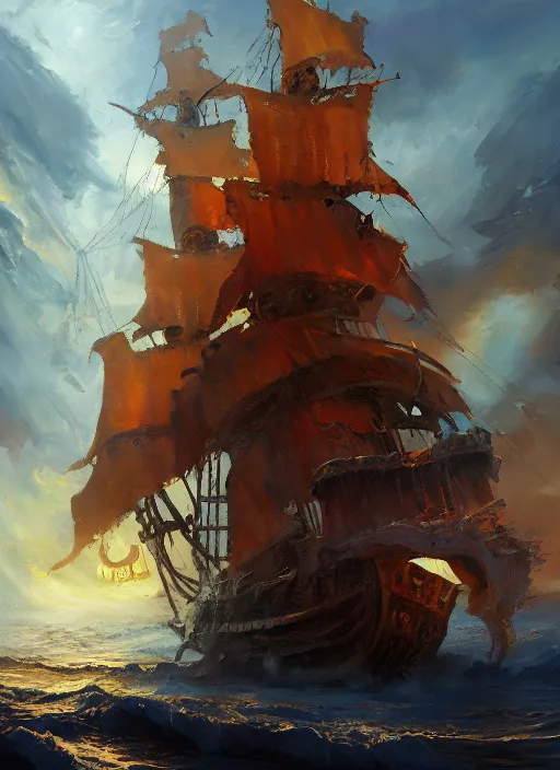 Image similar to oil painting with heavy impasto of a pirate ship and its captain, cosmic horror painting, elegant intricate artstation concept art by craig mullins detailed