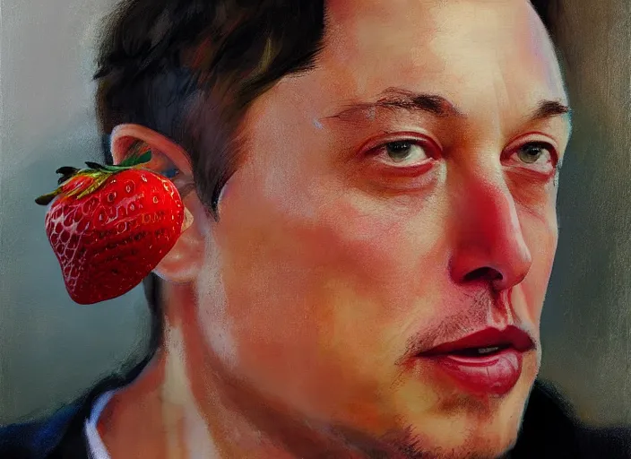 Image similar to a highly detailed beautiful portrait of elon musk with an strawberry, by gregory manchess, james gurney, james jean