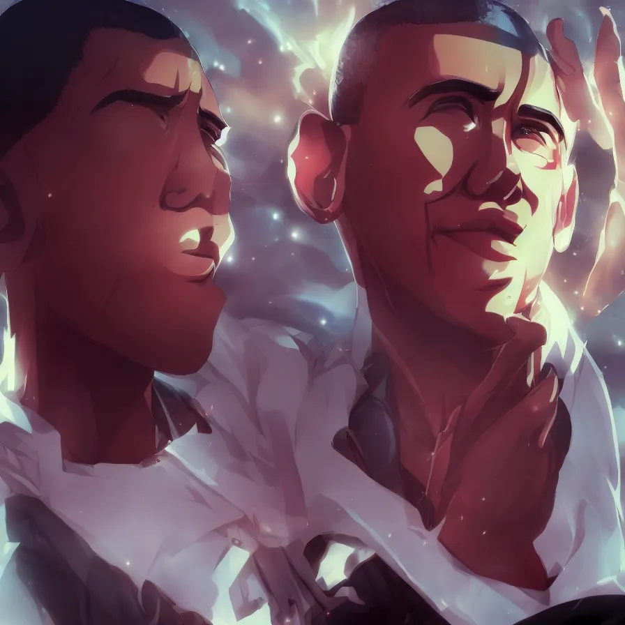 Prompt: barack obama as an anime protagonist, beautiful anime style, portrait, close - up, cinematic rim lighting, dramatic pose, beautiful sunset, professional, highly detailed, clear, sharp, smug expression, trending on artstation