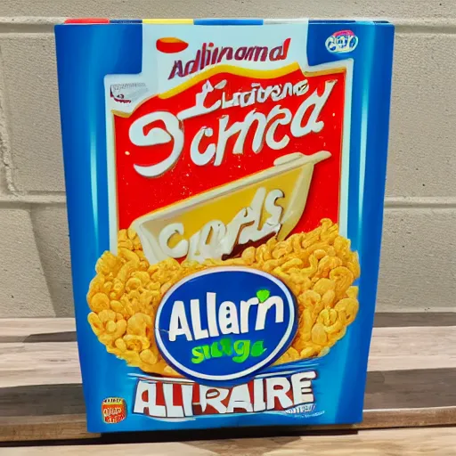 Image similar to A cereal box from a alternate alien dimension, product photo