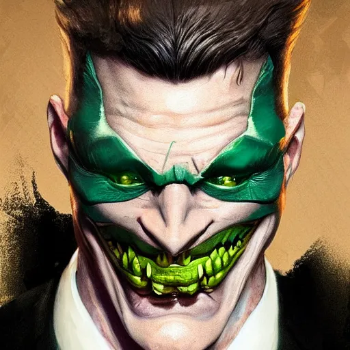 Image similar to the riddler wearing the dark knight mask, snarling teeth, digital painting, amazing detail, art station, cgsociety