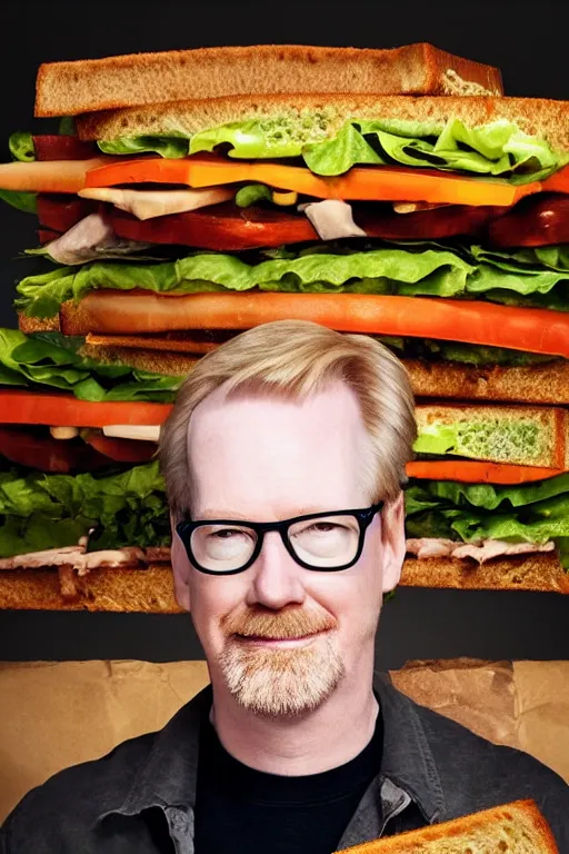 Image similar to 📷 portrait of adam savage the sandwich, made of food, still image, dynamic lighting, 4 k