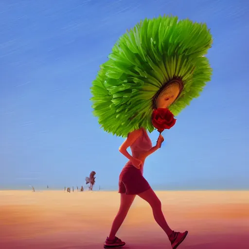 Image similar to portrait, giant rose flower head, woman running at the beach, surreal photography, sunrise, blue sky, dramatic light, impressionist painting, digital painting, artstation, simon stalenhag