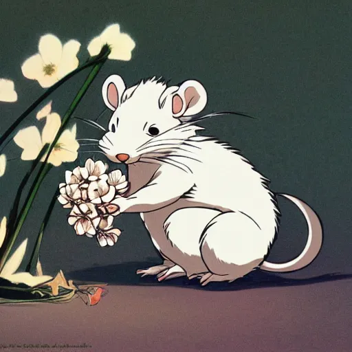 Prompt: white rat holding a flower cinematic composition, studio ghibli, cute