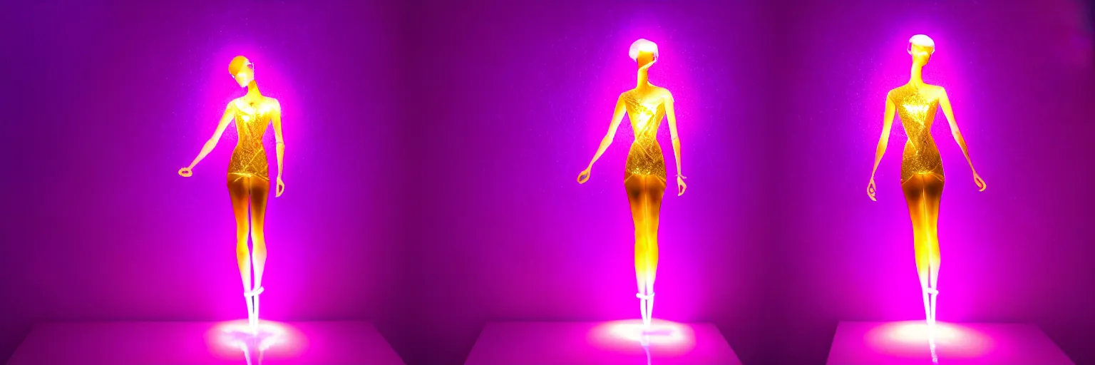 Image similar to beautiful mannequin sculpted out of amethyst by billelis + lit with geometric neon dripping gold + kintsugi, facing a doorway opening with neon pink geometric fractal light + flowering bonsai trees + lighting in background!!, transcendent, clean linework, dramatic, finely detailed, award winning, 4 k, trending on artstation, photorealistic, volumetric lighting, octane render