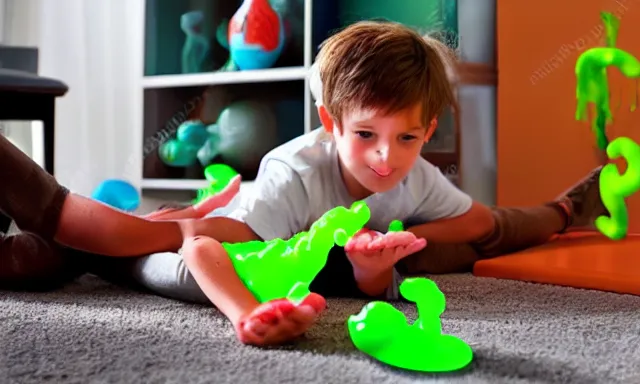 Image similar to kid playing with slime monster, realistic, toy commercial photo