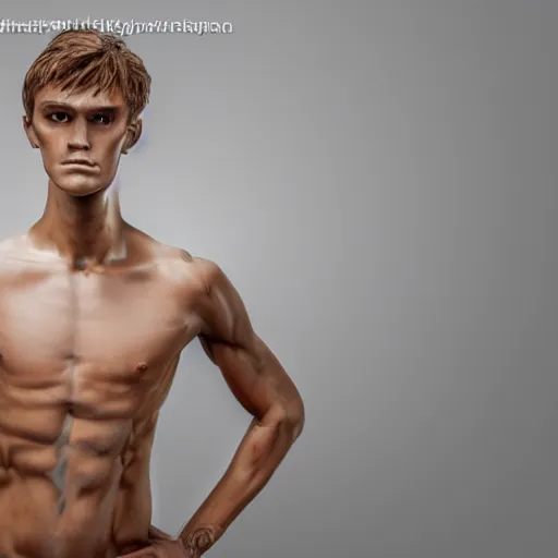 Image similar to a realistic detailed photo of a guy who is an attractive humanoid who is half robot and half humanoid, who is a male android, soccer players martin ødegaard, shiny skin, posing like a statue, blank stare, in a factory, on display, showing off his muscles, gold soccer shorts, back view