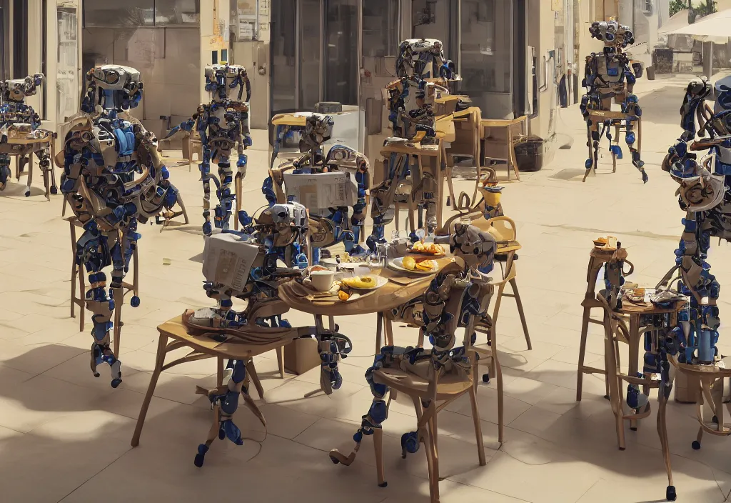Prompt: accidentally wes anderson award - winning photograph of boston dynamics robots on a lunch break eating breakfast and drinking coffee, epic calm scene, 4 k, detailed, art by greg rutkowsky, trending on artstation, cinematic lighting, filmic grain, golden hour, detailed, 4 k