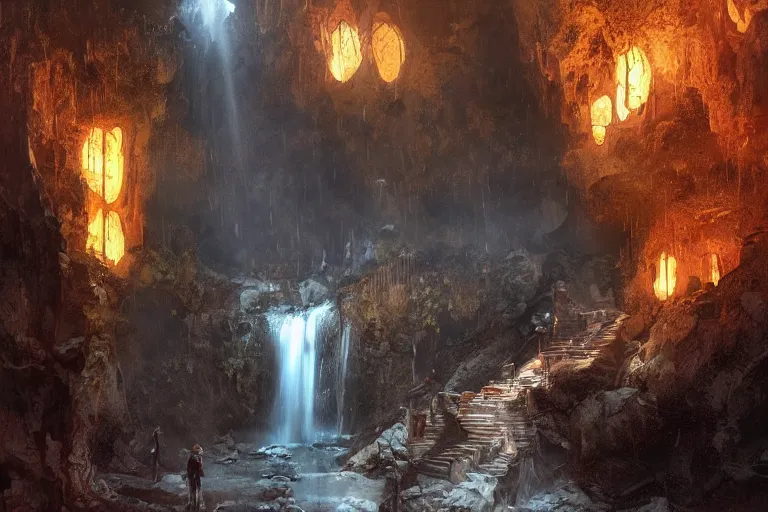 Prompt: 2 2 2 2 inside of a dark cave, small water stream and staircase to a waterfall, orange minerals, fantasy, highly detailed, art by greg rutkowski