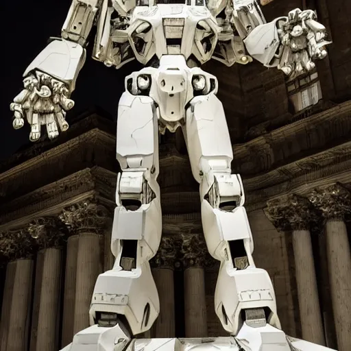 Prompt: mecha, giant robot, by bernini, by michaelangelo, white marble statue, nighttime, stunning, baroque art