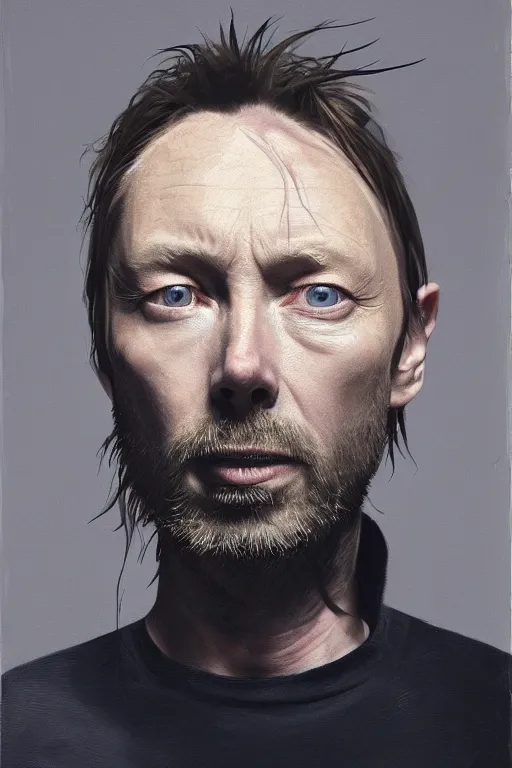 Prompt: thom yorke, a portrait of thom yorke, clear thom yorke's face, vivid colors, soft lighting, atmospheric, cinematic, moody, in the style of jenni saville and krenz cushart, oil on canvas, 8 k