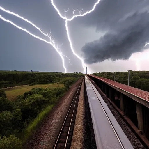 Prompt: high fov photo of train coming towards the viewer on a railway bridge, with lightning strikes in the dark puffy clouds