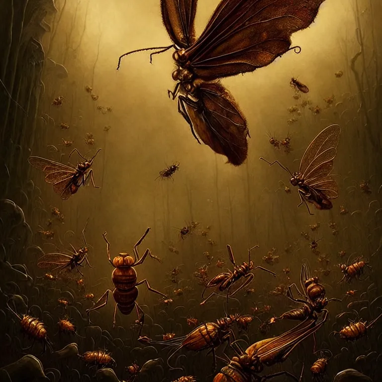 Image similar to epic professional digital art of startling hungry insects, faint golden moody atmospheric lighting, painted, intricate, detailed, detailed, foreboding, by leesha hannigan, wayne haag, reyna rochin, ignacio fernandez rios, mark ryden, iris van herpen,, epic, stunning, gorgeous, much wow, cinematic, masterpiece.