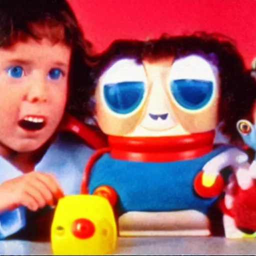 Image similar to vhs footage of an 8 0 s toy commercial of a super creepy toy