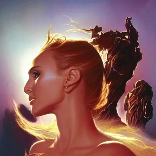 Image similar to Natalie Portman, Michael Whelan, frank Frazetta, artstation, Dio album art