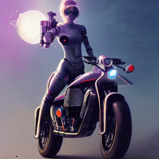 Prompt: a futuristic girl with a robot chip in the side of her head riding a motorbike, highly detailed, trending on artstation, 8 k resolution, ultra detailed, cyberpunk, retrowave, by wlop, greg rutkowski