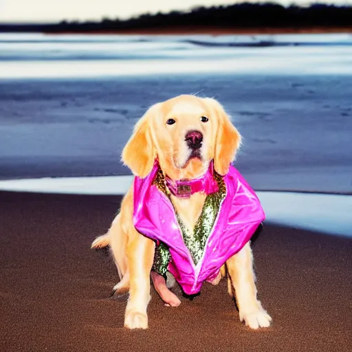 Image similar to Snoop Dogg any sparkly pink sequin jacket petting a golden retriever on a beach at night